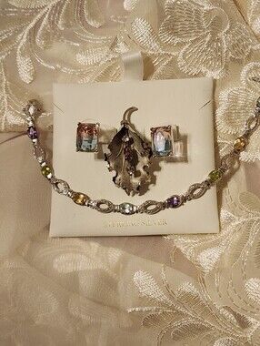 Vntg 925 Sterling Silver + Pink Brooch, Multi-gem Tennis Bracelet & Earring Set